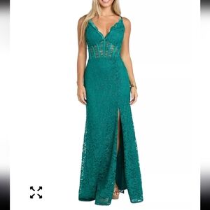 Morgan & Co Juniors' Glitter Scallop Lace Corset Slip Gown Sz 1 Green Slit Party